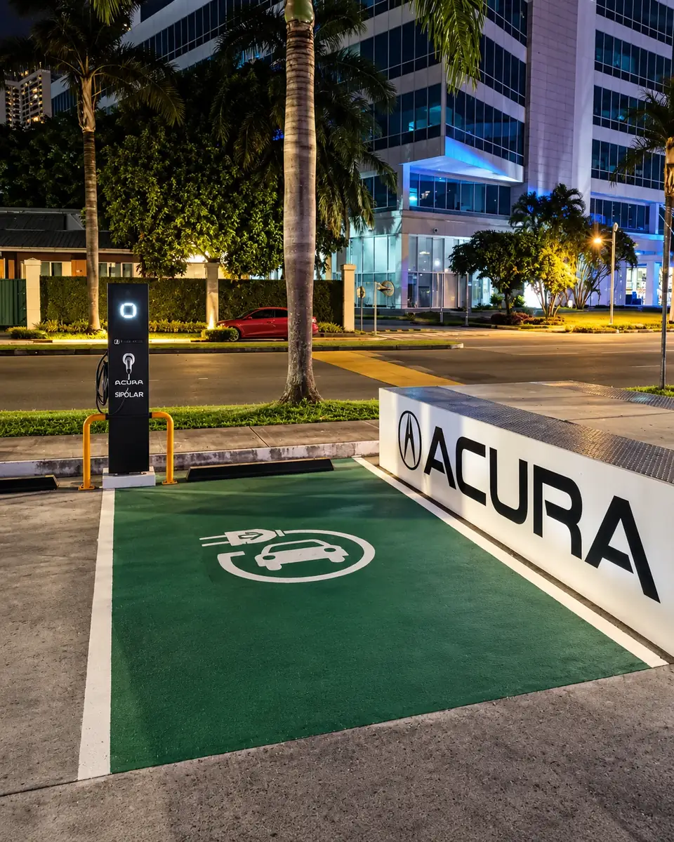 Estación de carga de noche en Acura Costa del Este