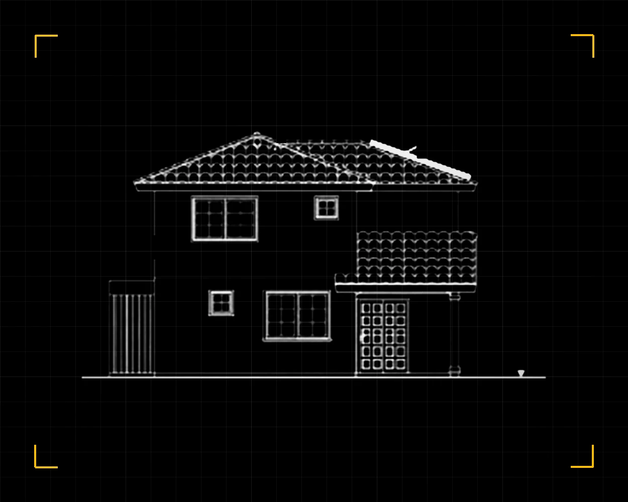 Plano de planta de una vivienda, rectificado y trazado en líneas blancas sobre fondo negro